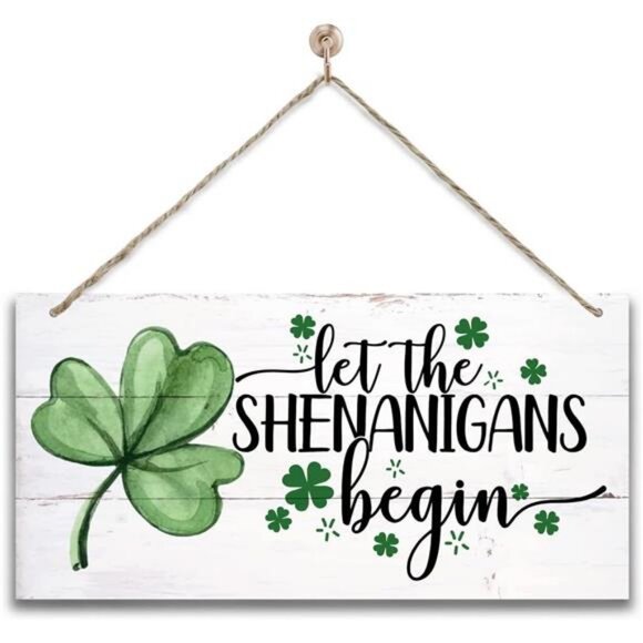 Hanging St. Patrick's Day Wooden Decor 'Let the Shenanigans Begin' Wall Art, - Picture 1 of 6